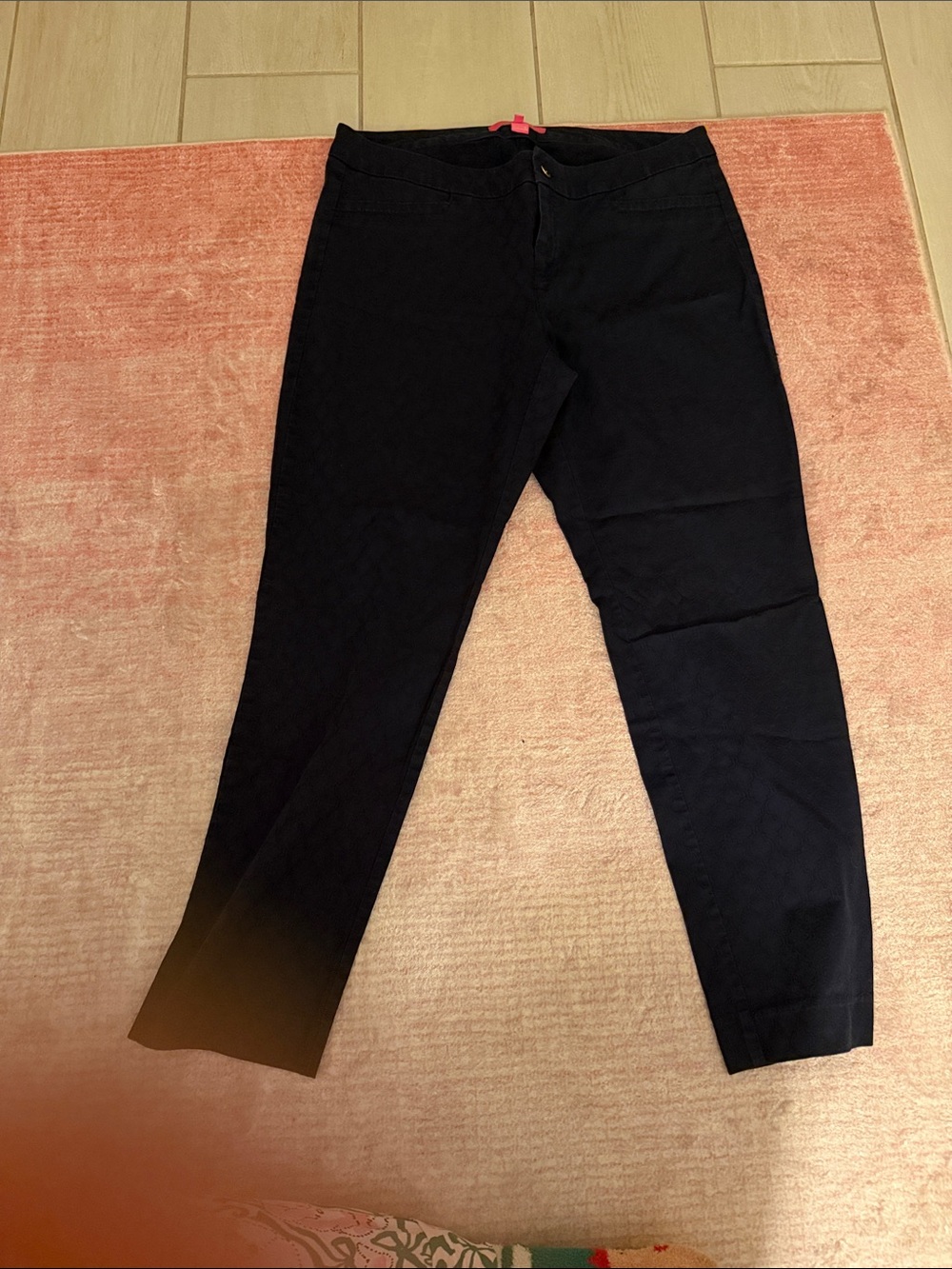Lilly Pulitzer Navy Blue Jacquard pants with Pink Logo Tab and Gold Script